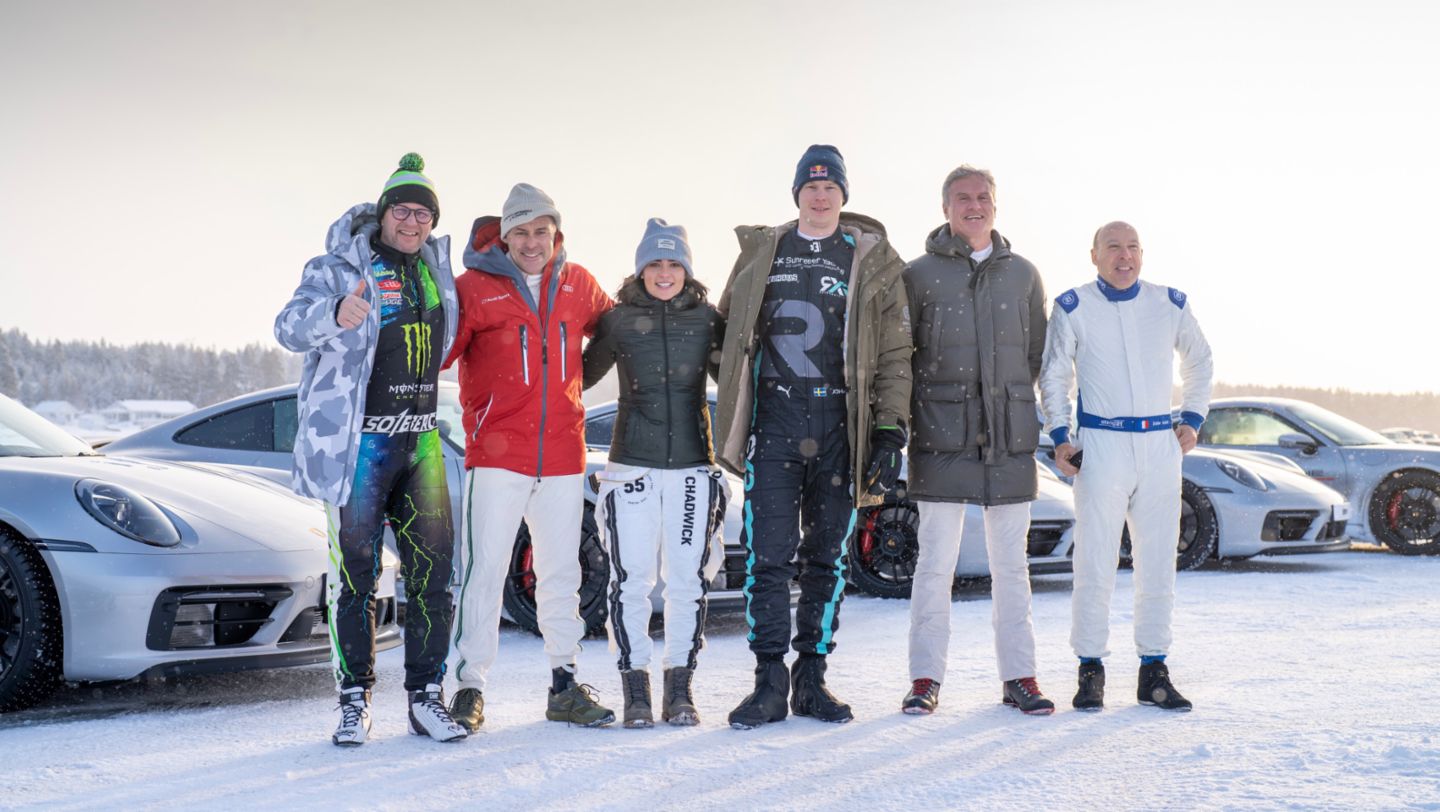 Petter Solberg, Tom Kristensen, Jamie Chadwick, Johan Kristoffersson, David Coulthard, Didier Auriol, l-r, Race of Champions, Sweden, 2022, Porsche AG
