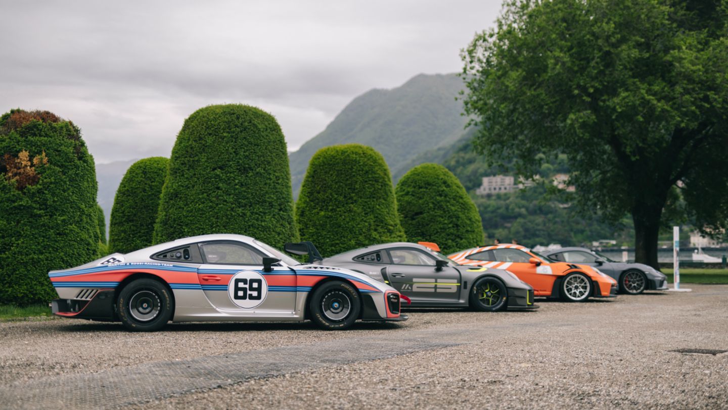 Porsche 935, Porsche 911 GT2 RS Clubsport 25, Porsche 911 GT3 RS, Porsche 718 Cayman GT4 RS (l-r), Fuori Concorso, Villa Olmo, Como, Italy, 2023, Porsche AG