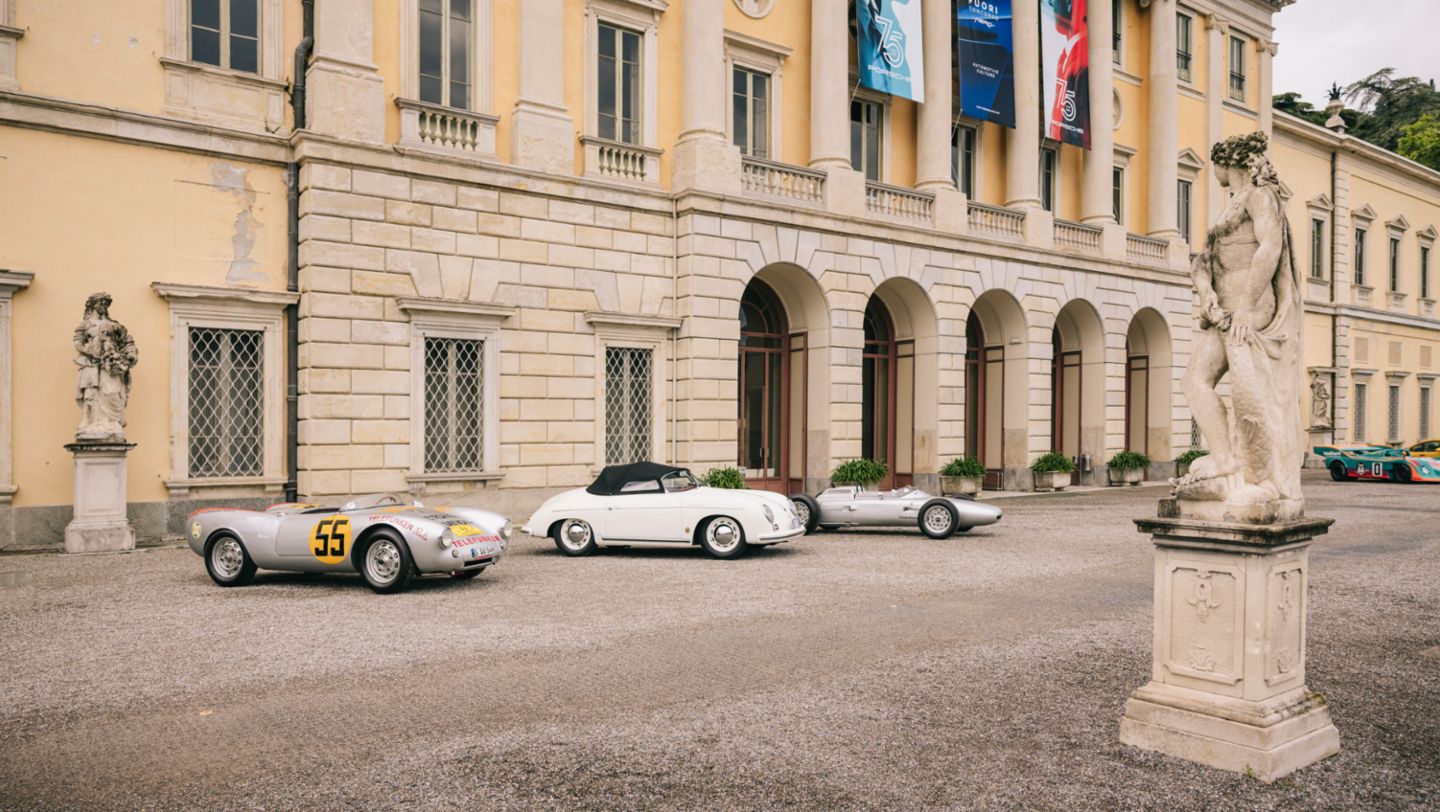 Porsche 550 Spyder, Porsche 356 Speedster, Porsche 804, Porsche 917/30 Spyder (l-r), Fuori Concorso, Villa Olmo, Como, Italy, 2023, Porsche AG