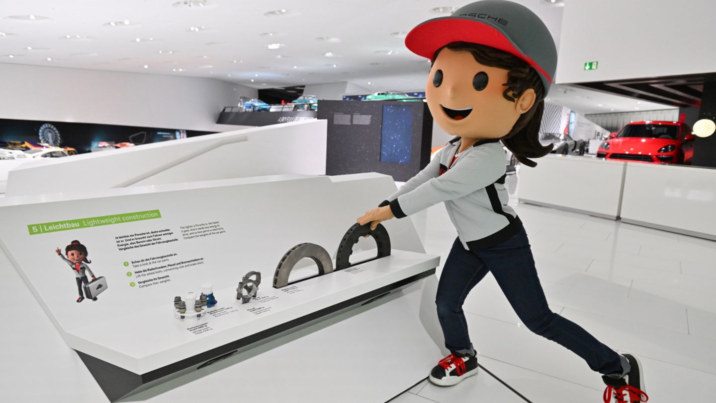 The Lightweight Construction stage has a hands-on puzzle, which teaches the children how Porsche reduces the weight of its racing cars, 2023, Porsche AG