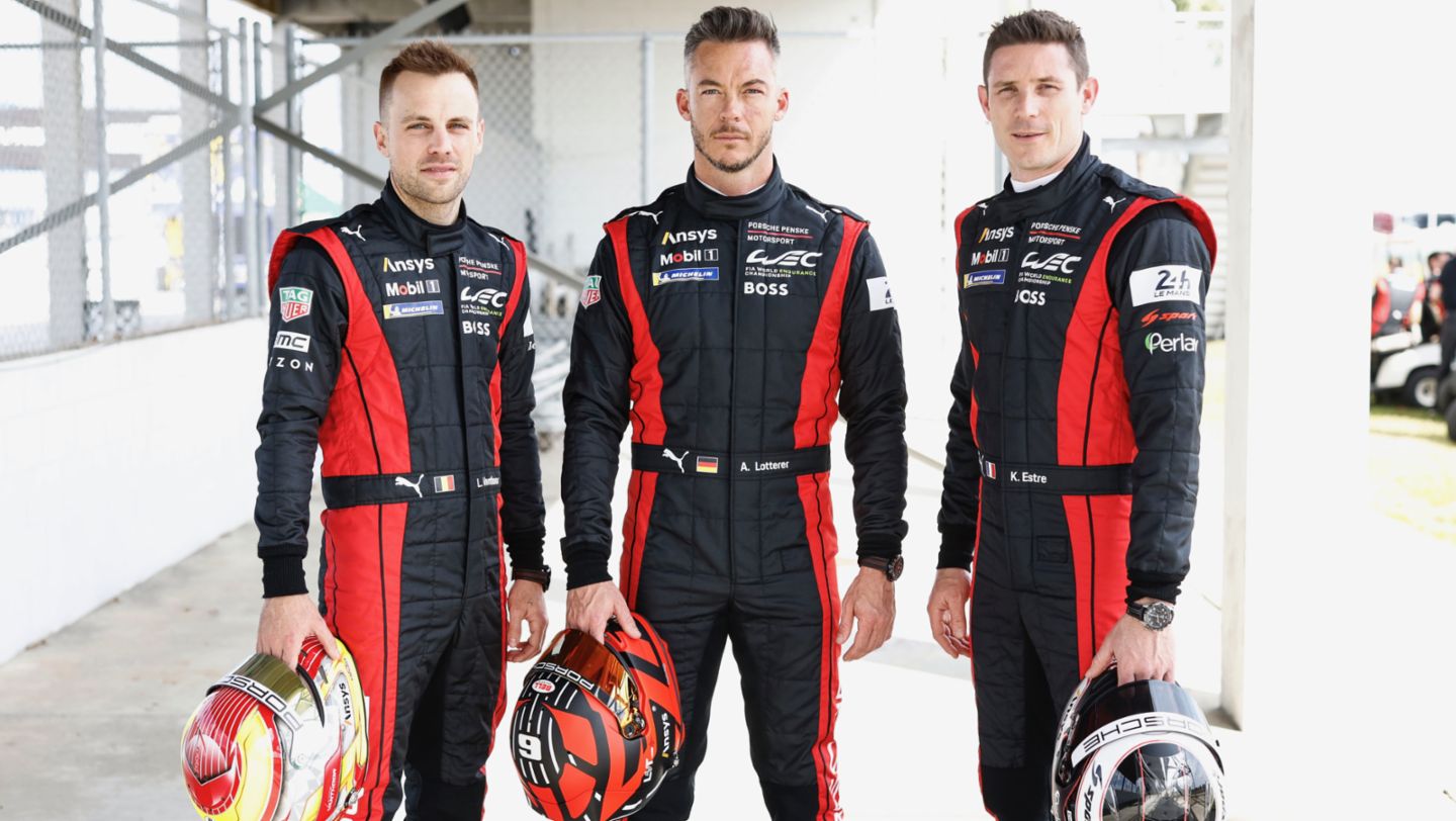 Laurens Vanthoor (B), Andre Lotterer (D), Kevin Estre (F) (l-r), 2023, Porsche AG