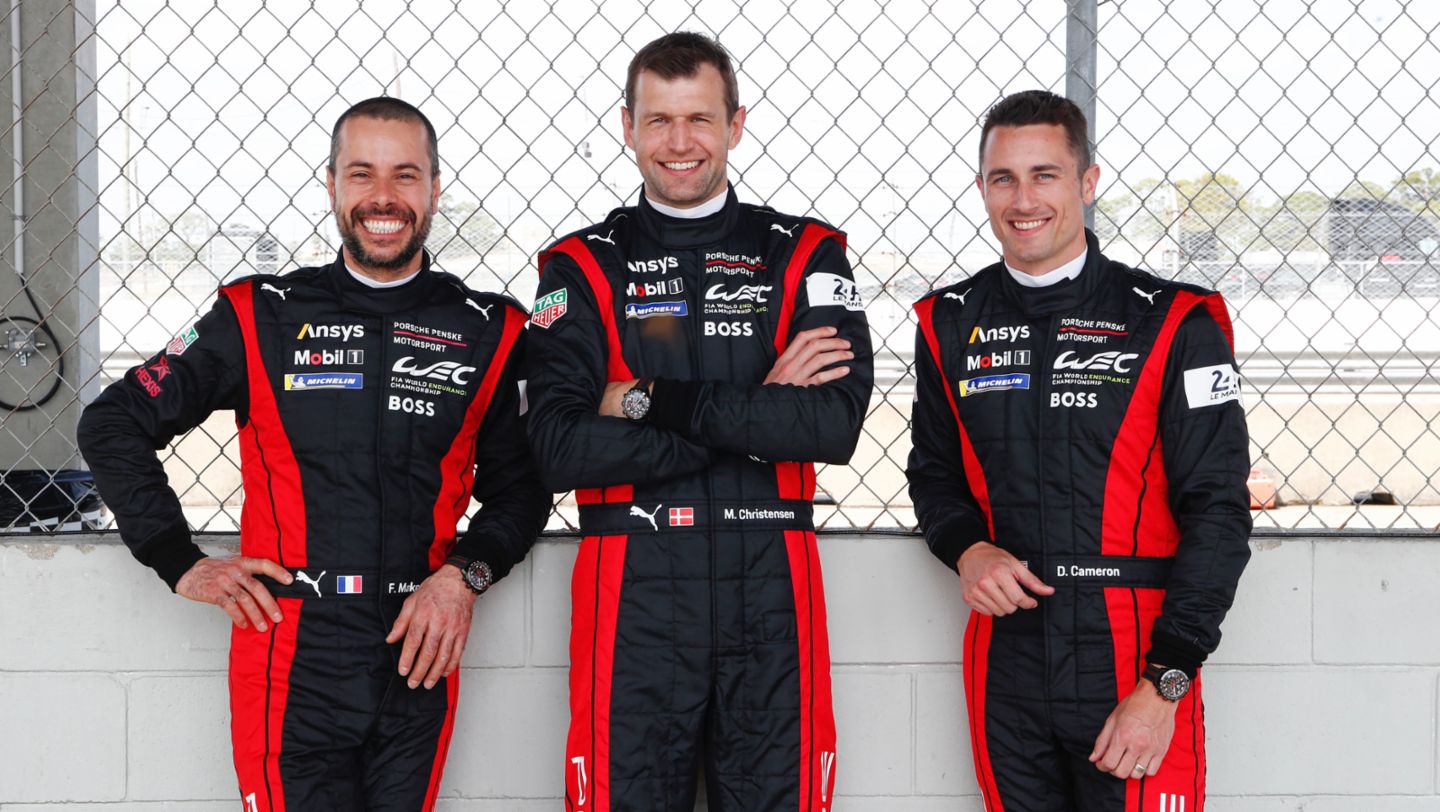 Frederic Makowiecki (F), Michael Christensen (DK), Dane Cameron (USA) (l-r), 2023, Porsche AG