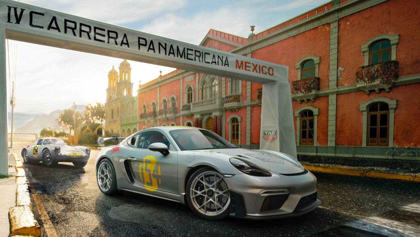 Porsche 718 Cayman GT4 RS "TAG Heuer x Porsche – Legends of Panamericana", Porsche 550 Coupé, 2023, Porsche AG
