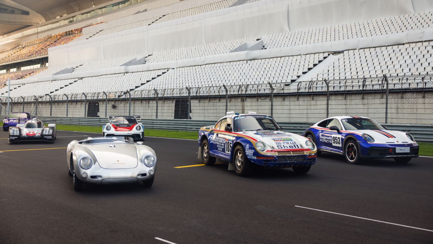 Taycan Turbo GT with Weissach Package, 919 Hybrid, 550 Spyder, 911 GT3 R rennsport, 959 Paris-Dakar Rally, 911 Dakar (l-r), Shanghai International Circuit, China, 2024, Porsche AG