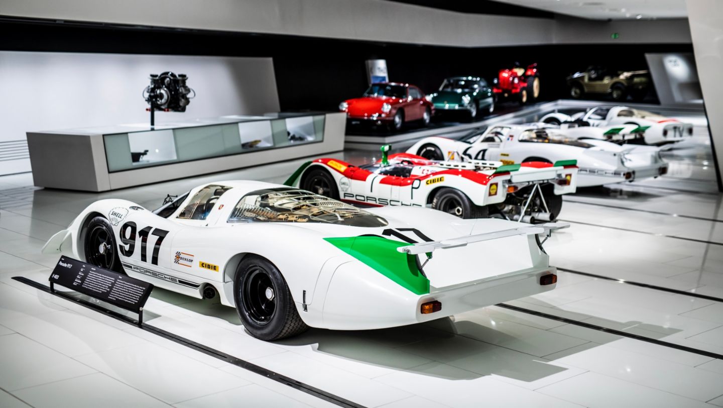 917, 908/03 Spyder, 908 LH, 909 Bergspyder, 906 Carrera 6 (l-r), Porsche Museum, Stuttgart-Zuffenhausen, 2024, Porsche AG