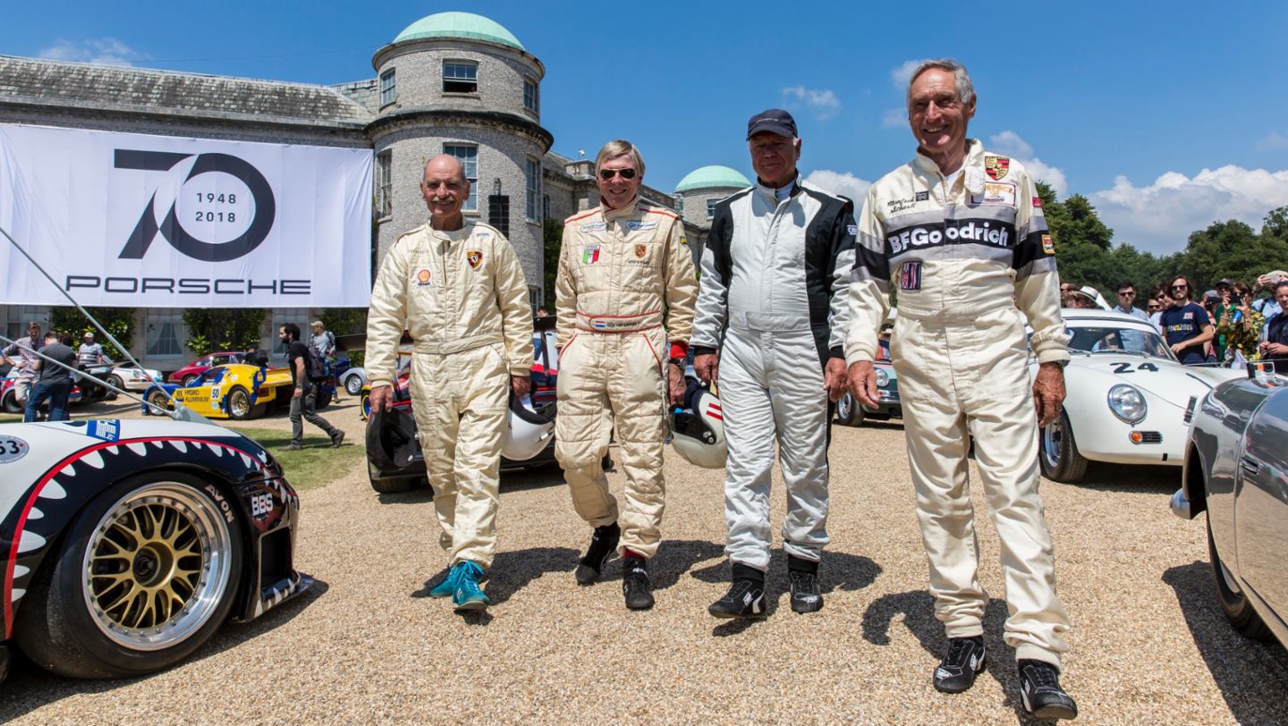Günter Steckkönig, Gijs van Lennep, Rudi Lins, Manfred Schurti, l-r, Goodwood Festival of Speed, 2018, Porsche AG