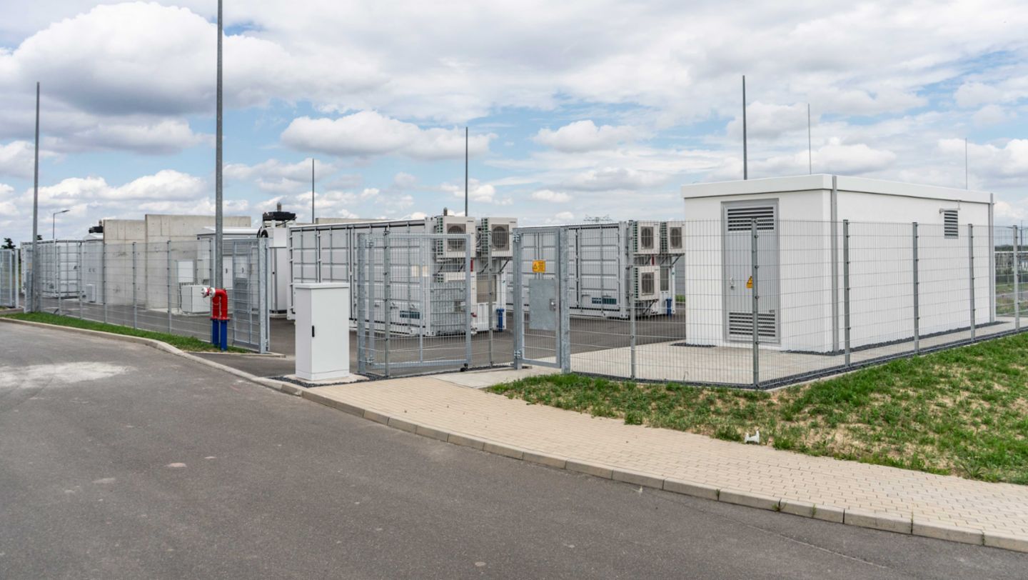 Battery storage system equipped with battery modules from Taycan R&D vehicles, Porsche Leipzig, 2024, Porsche AG