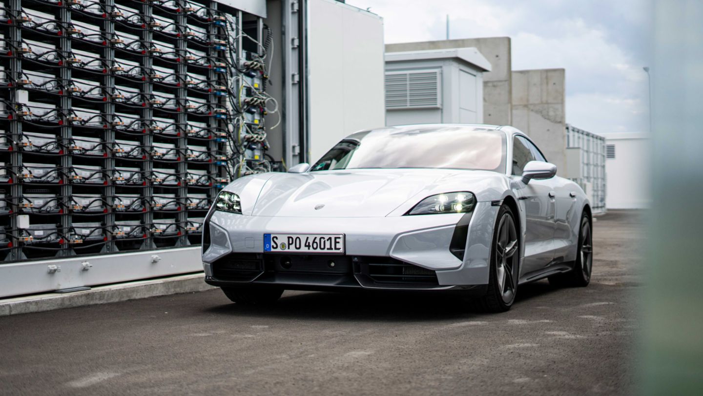 Battery storage system equipped with battery modules from Taycan R&D vehicles, Porsche Leipzig, 2024, Porsche AG