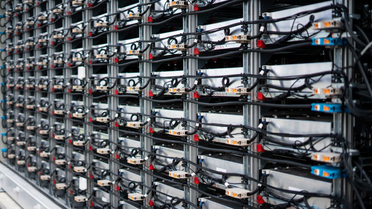 Battery storage system equipped with battery modules from Taycan R&D vehicles, Porsche Leipzig, 2024, Porsche AG