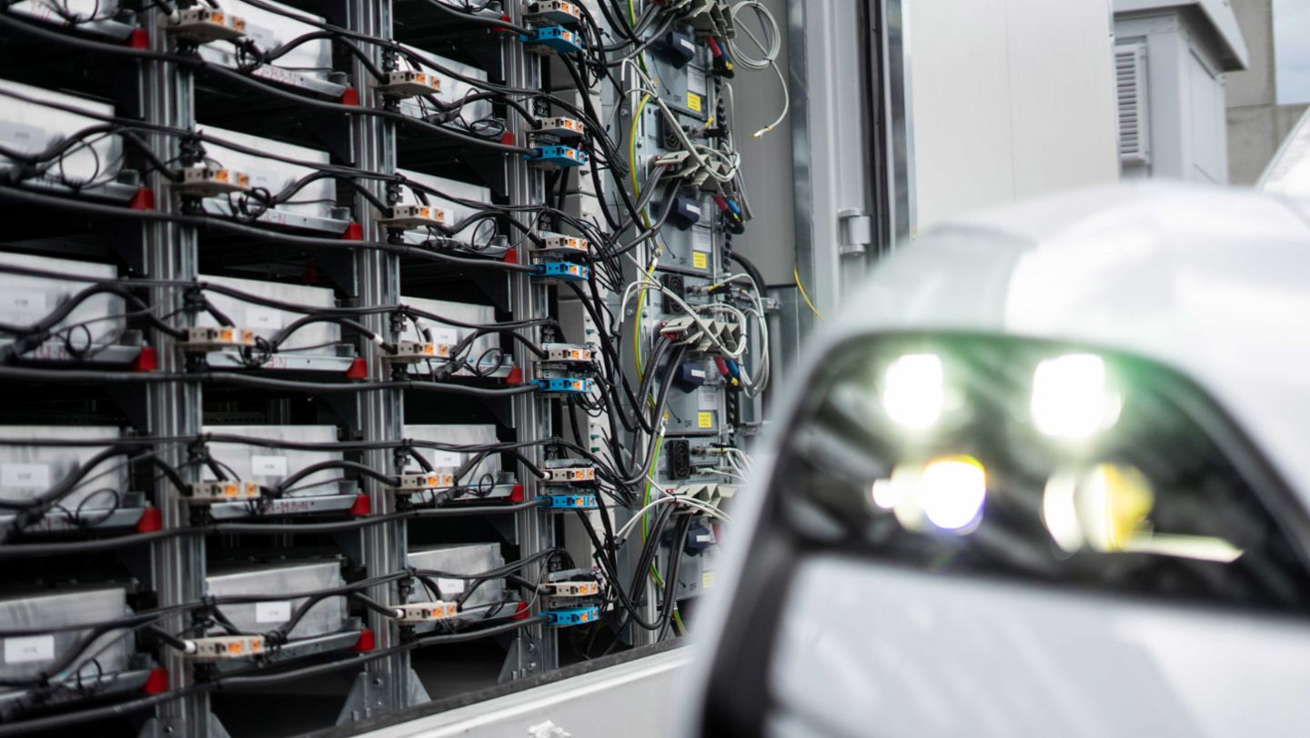Battery storage system equipped with battery modules from Taycan R&D vehicles, Porsche Leipzig, 2024, Porsche AG