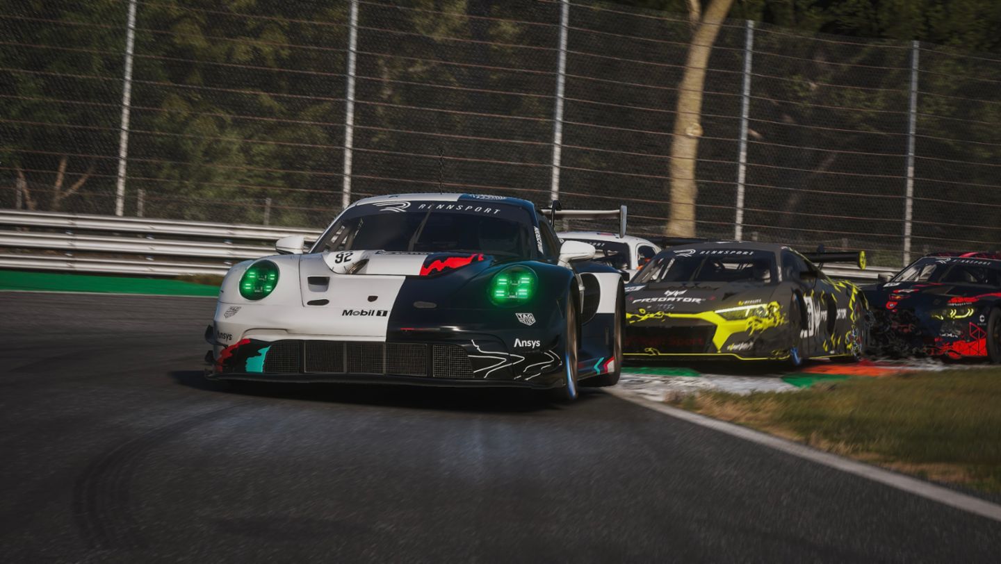 Porsche 911 GT3 R, Charlie Collins (UK), Mitchell deJong (USA), Joshua Rogers (AUS), Dayne Warren (AUS), Esports ESL R1, Monza (ITA), Porsche Coanda Esports Racing Team, 2024, Porsche AG