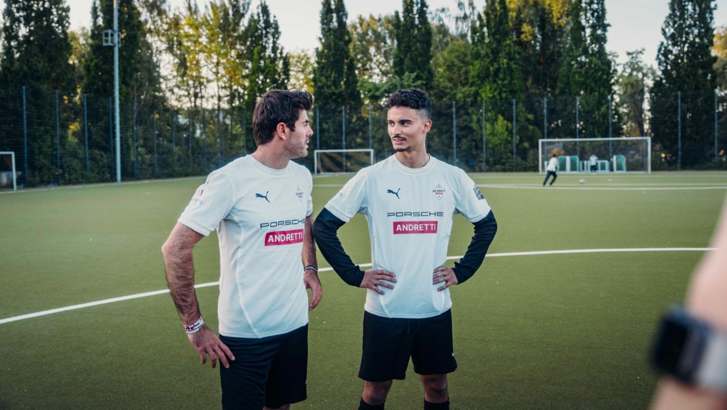 Norman Nato, Pascal Wehrlein (l-r), Football match TAG Heuer Formula E team vs. Andretti Formula E team, Berlin, Germany, 2024, Porsche AG