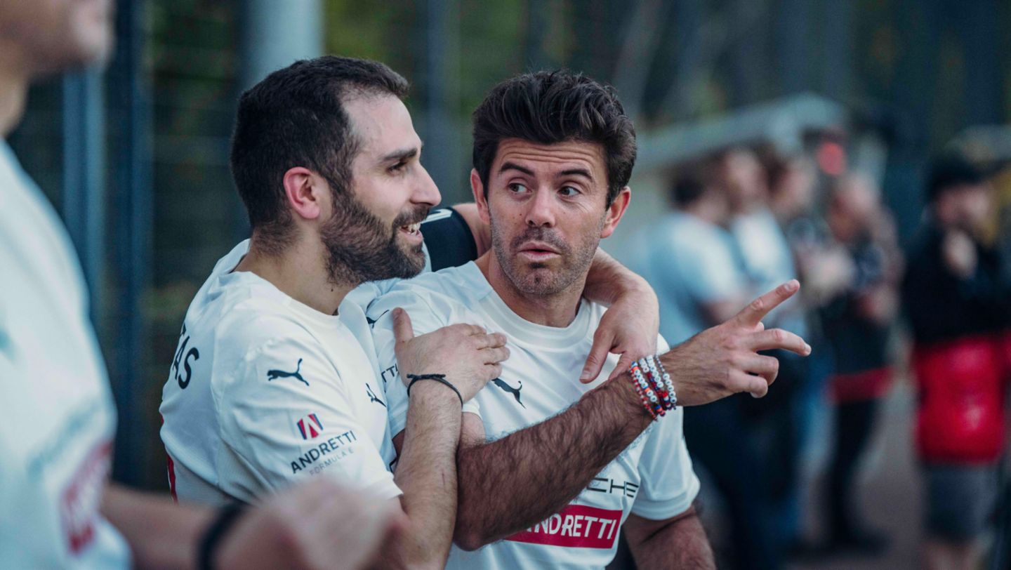 Norman Nato (r), Football match TAG Heuer Formula E team vs. Andretti Formula E team, Berlin, Germany, 2024, Porsche AG