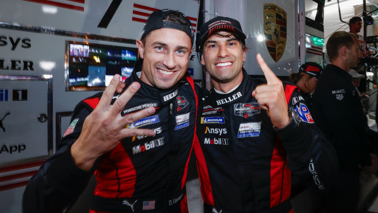Felipe Nasr (BR), Dane Cameron (USA) (l-r), Porsche Penske Motorsport (#7), IMSA WeatherTech SportsCar Championship, Rennen 11, Braselton (USA), 2024, Porsche AG