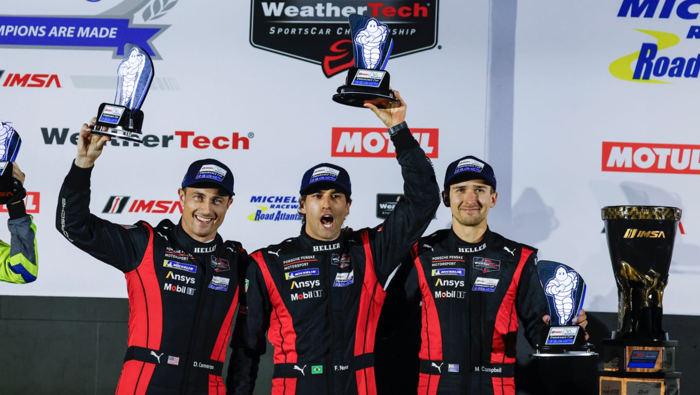 Dane Cameron (USA), Felipe Nasr (BR), Matt Campbell (AUS) (l-r), Porsche Penske Motorsport (#7), IMSA WeatherTech SportsCar Championship, Rennen 11, Braselton (USA), 2024, Porsche AG