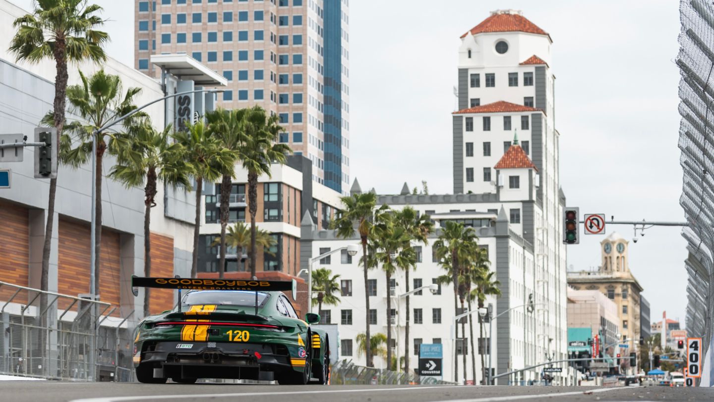 Porsche 911 GT3 R, Wright Motorsports (nº 120), Adam Adelson (EE. UU.), Elliott Skeer (EE. UU.), calificación, Grand Prix de Long Beach, campeonato IMSA, 2024, Porsche AG