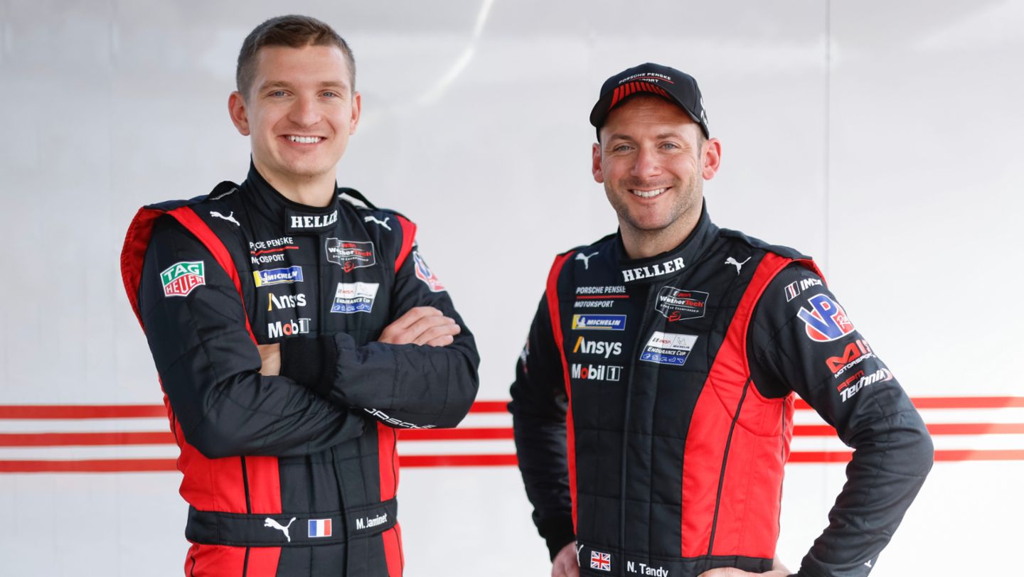 Mathieu Jaminet (FRA) y Nick Tandy (GB) (i-d), Porsche Penske Motorsport (nº 6), Course de Monterey, campeonato IMSA, 2024, Porsche AG