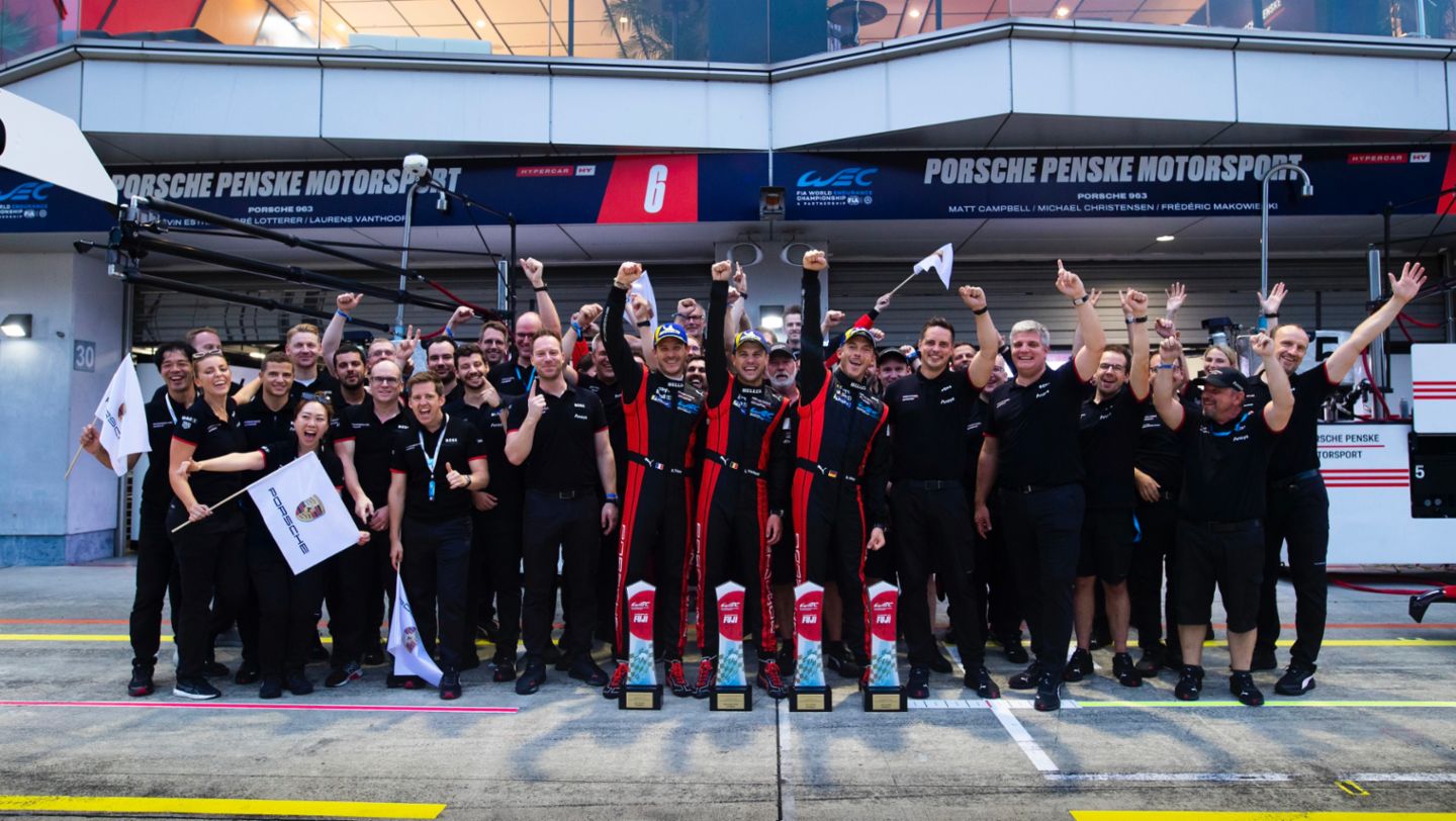 Kevin Estre (F), Andre Lotterer (D), Laurens Vanthoor (B), Porsche 963, Porsche Penske Motorsport (#6), FIA WEC, Fuji, Race, 2024, Porsche AG