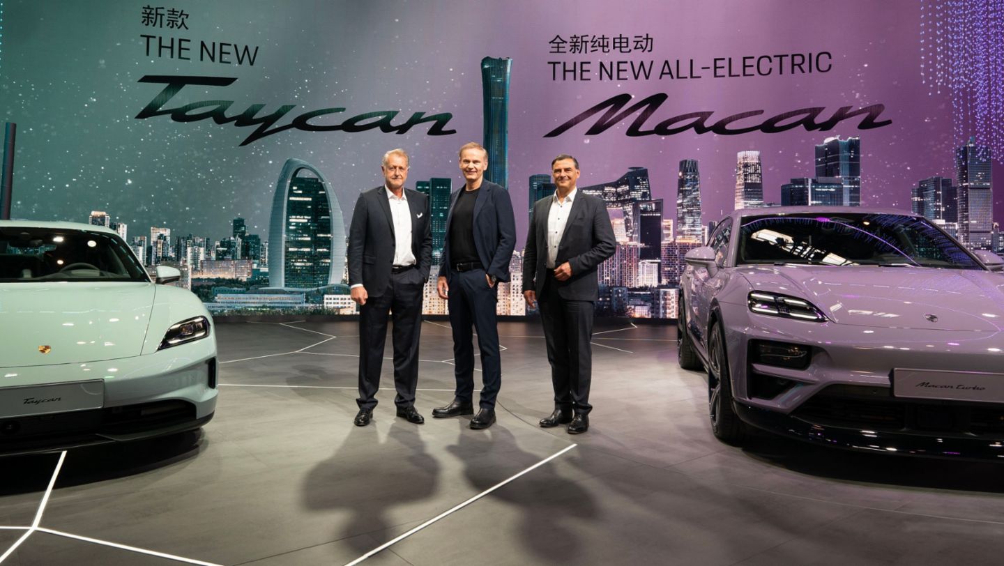 Detlev von Platen, Member of the Executive Board, Sales and Marketing, Oliver Blume, Chairman of the Executive Board, Michael Steiner, Member of the Executive Board, Research and Development, Taycan, Macan Turbo Electric, Auto China, Beijing, China, 2024, Porsche AG