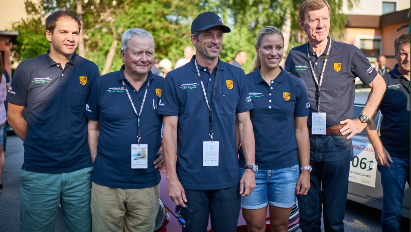 Richard Lietz, Porsche Driver, Dr. Wolfgang Porsche, Chairman of Porsche AG, Patrick Dempsey, Race Car Driver, Angelique Kerber, Porsche brand ambassador, Walter Roehrl, double Rallye World Champion (l.-r.), Ennstal Classic Rallye, 2015, Porsche AG