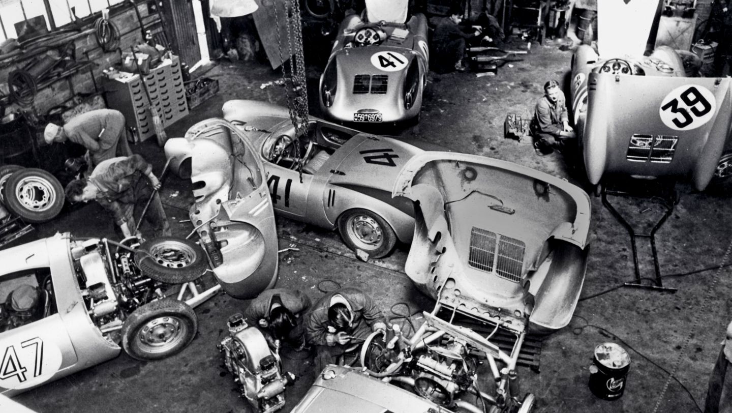 550 Spyder, Garage, Teloché, Le Mans, 1954, Porsche AG
