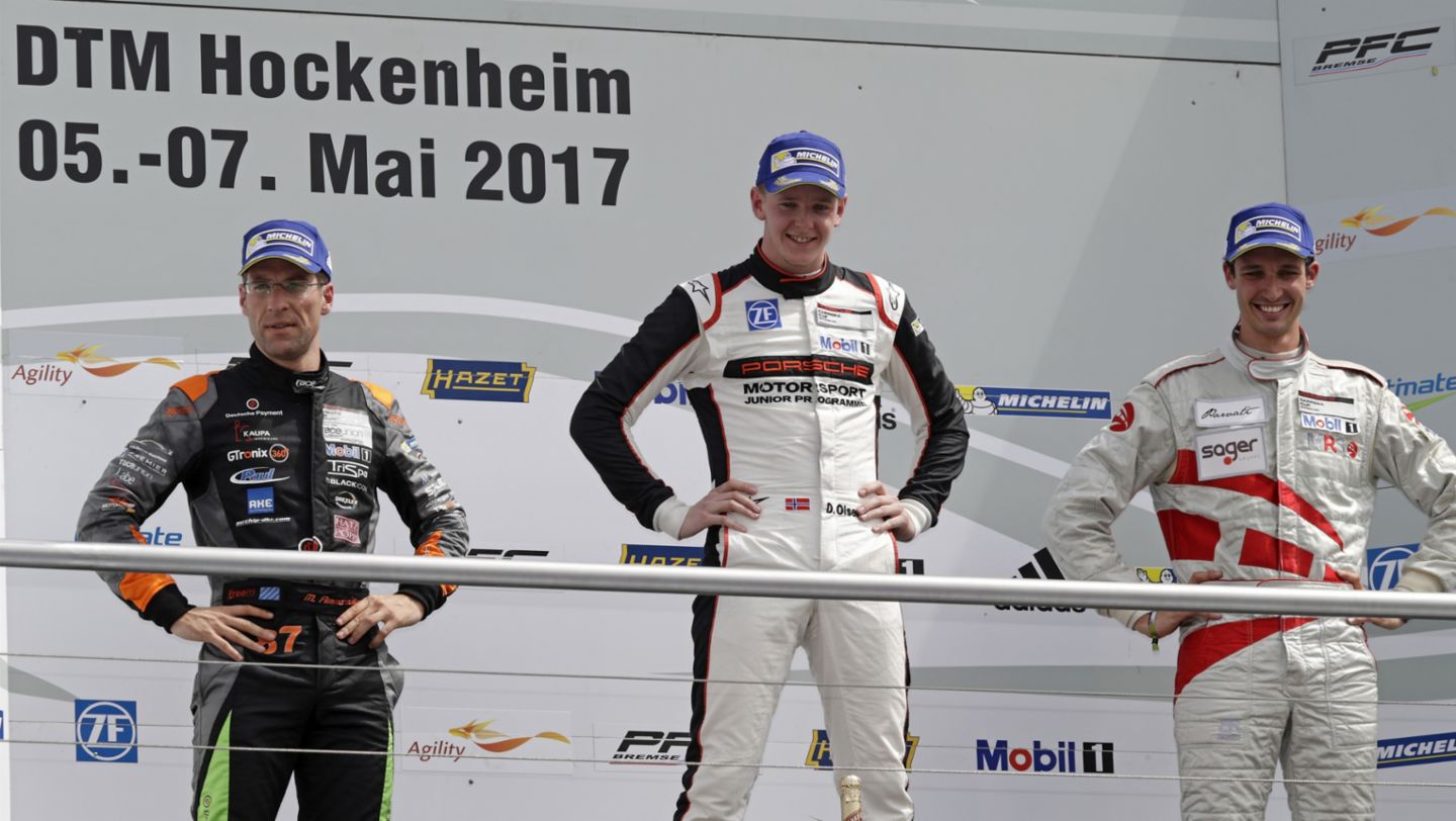 Michael Ammermüller, Dennis Olsen, Christopher Zöchling, l-r, Porsche Carrera Cup Deutschland, Hockenheimring, 2017, Porsche AG
