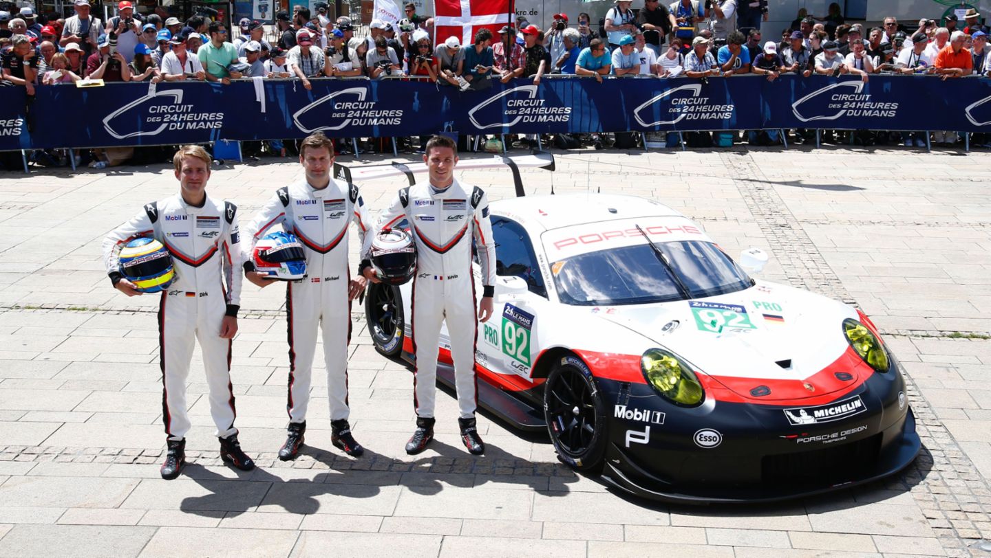 Dirk Werner, Michael Christensen, Kevin Estre, l-r, 911 RSR, Porsche GT Team, 2017, Porsche AG