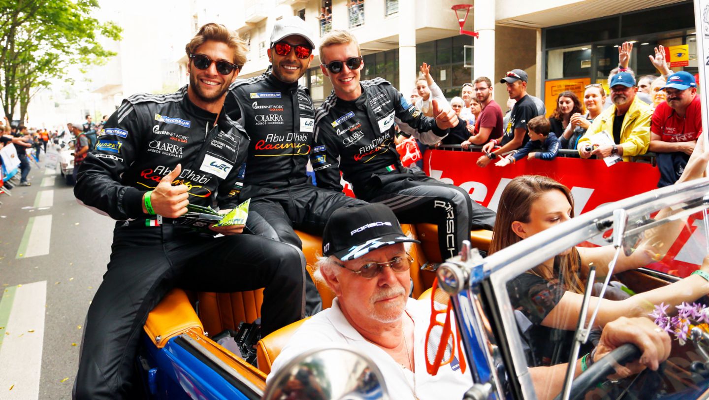 Giorgio Roda, Khaled Al Qubaisi, Matteo Cairoli, l-r, drivers parade, Le Mans, 2018, Porsche AG