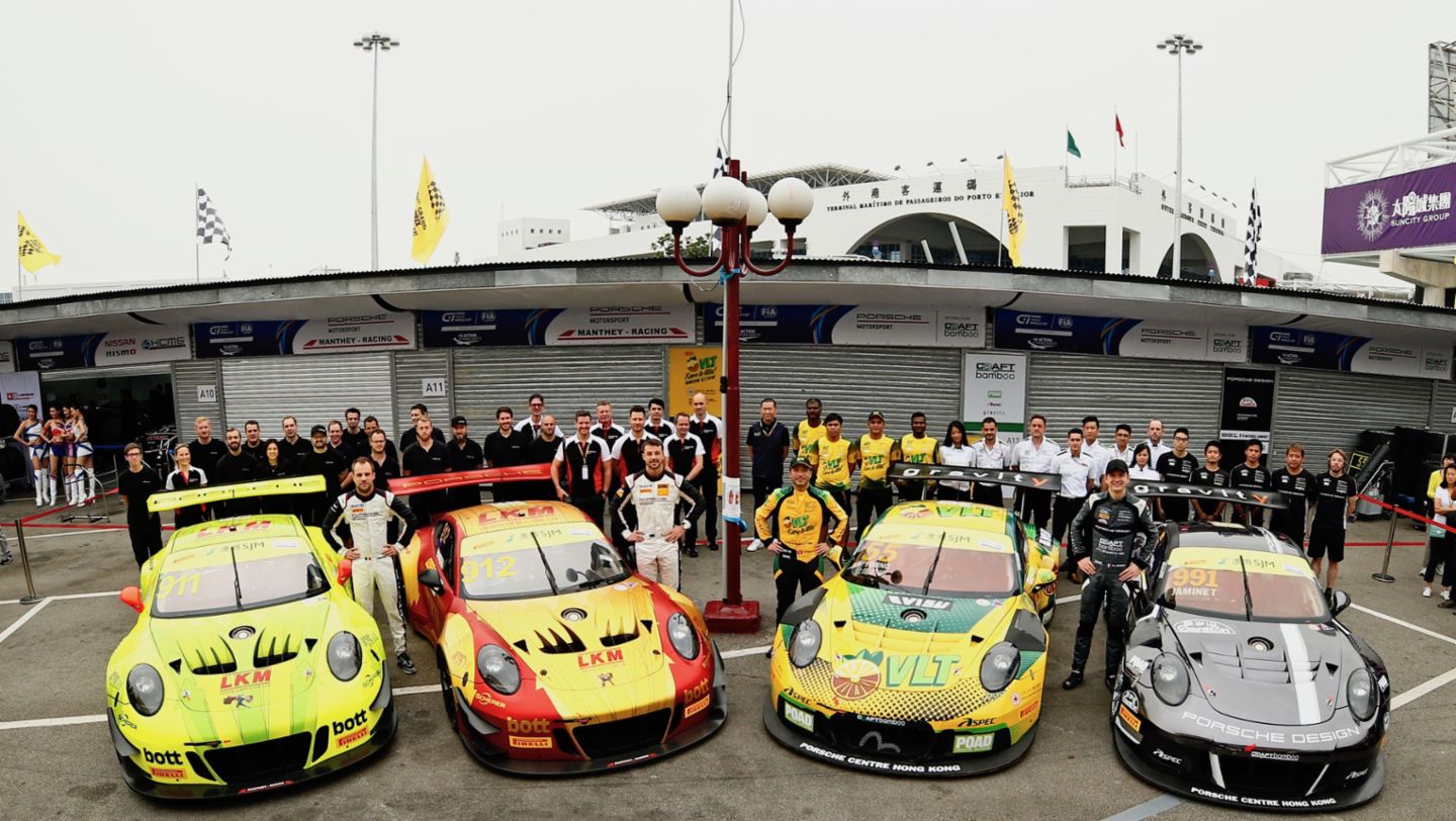 911 GT3 R, Manthey-Racing (911), Manthey-Racing (912), Craft Bamboo Racing (55), Craft Bamboo Racing (991), l-r, qualifying race, FIA GT World Cup, Macau/China, 2018, Porsche AG