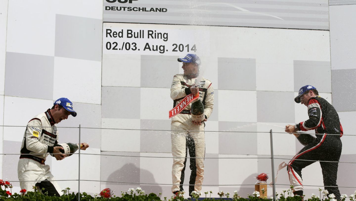 Podium Alex Riberas, Porsche-Junior RennfaAlex Riberas, Porsche junior racer, Earl Bamber, race car driver, Michael Ammermüller, race car driver, l.-r., Porsche Carrera Cup, Spielberg, 2014, Porsche AG