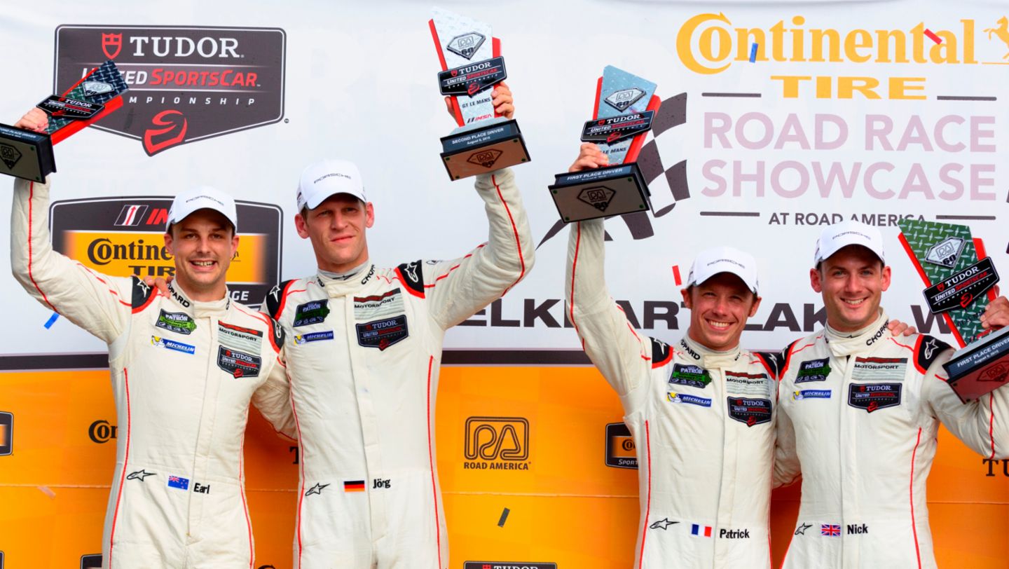 Earl Bamber, Jörg Bergmeister, Patrick Pilet, Nick Tandy (l-r), Elkhart Lake 2015, Porsche AG