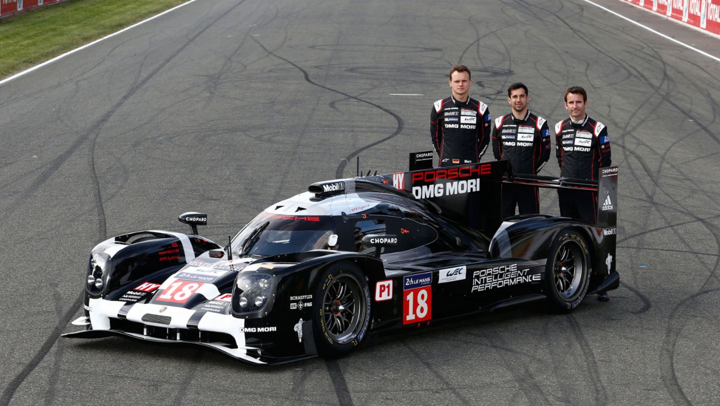 Marc Lieb, Neel Jani, Romain Dumas (l-r), Porsche 919 Hybrid (18), Le Mans 2015, Porsche AG