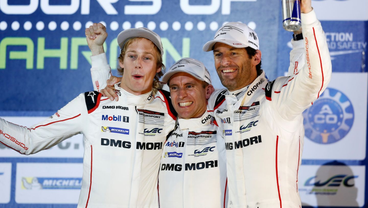 Brendon Hartley, Timo Bernhard, Mark Webber, l-r, 2015, Porsche AG