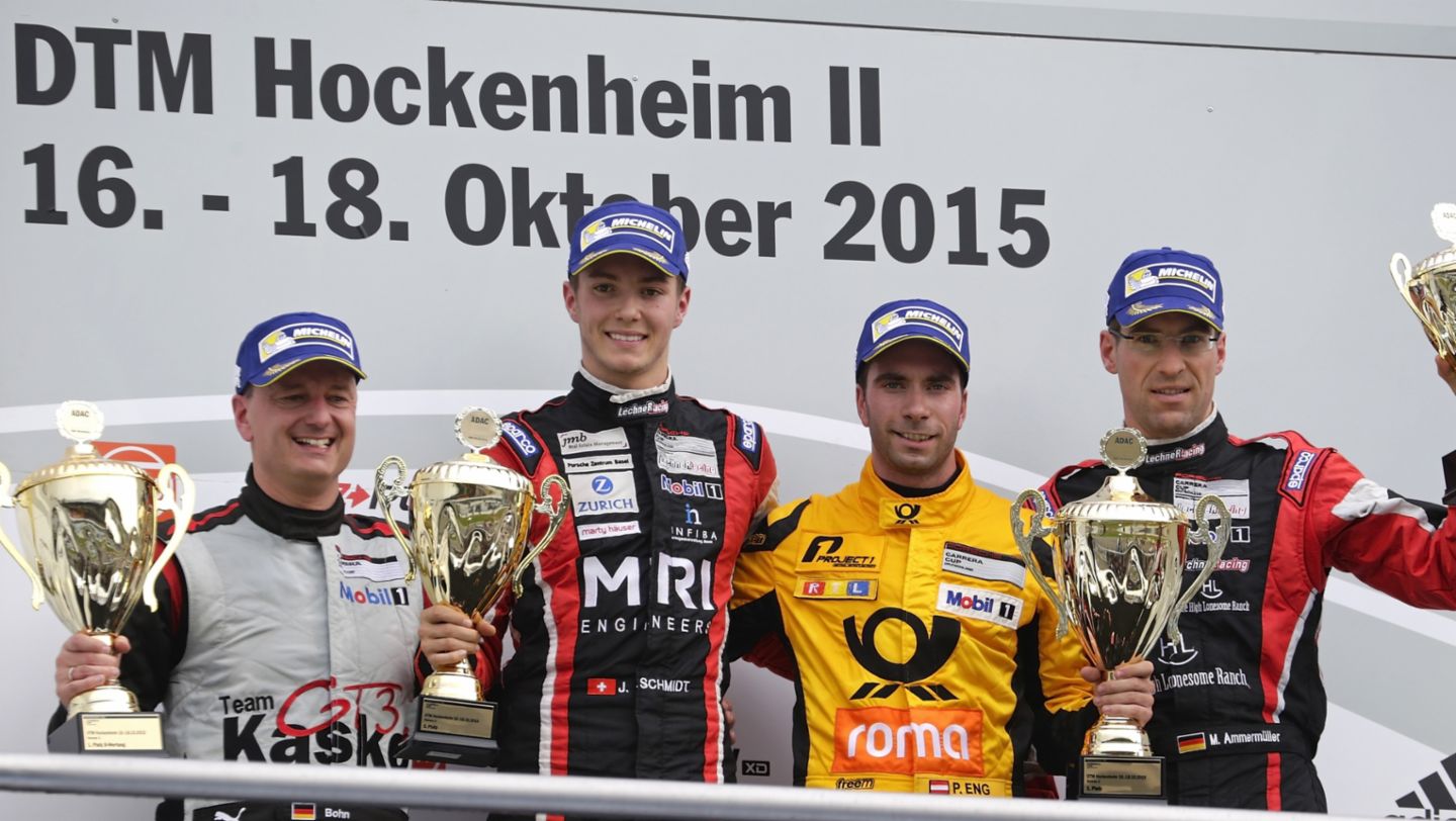 Ralf Bohn, Jeffrey Schmidt, Philipp Eng, Michael Ammermüller, l-r, Porsche Carrera Cup Deutschland, Hockenheimring, 2015, Porsche AG