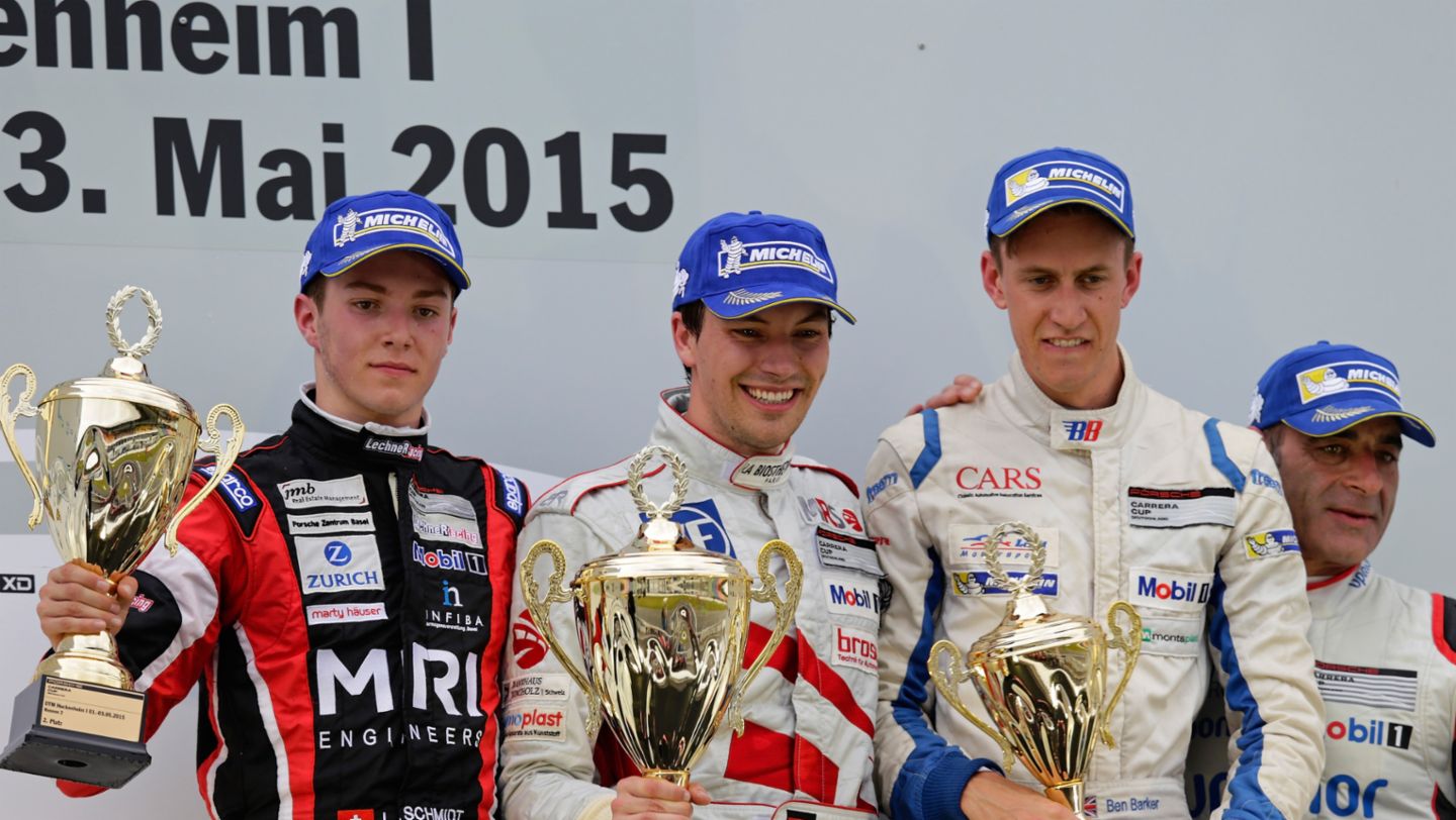 Jeffrey Schmidt (CH), Christian Engelhart (D), Ben Barker (GB), Wolf Nathan (NL), Porsche Carrera Cup Deutschland, Hockenheimring 2015, Porsche AG 