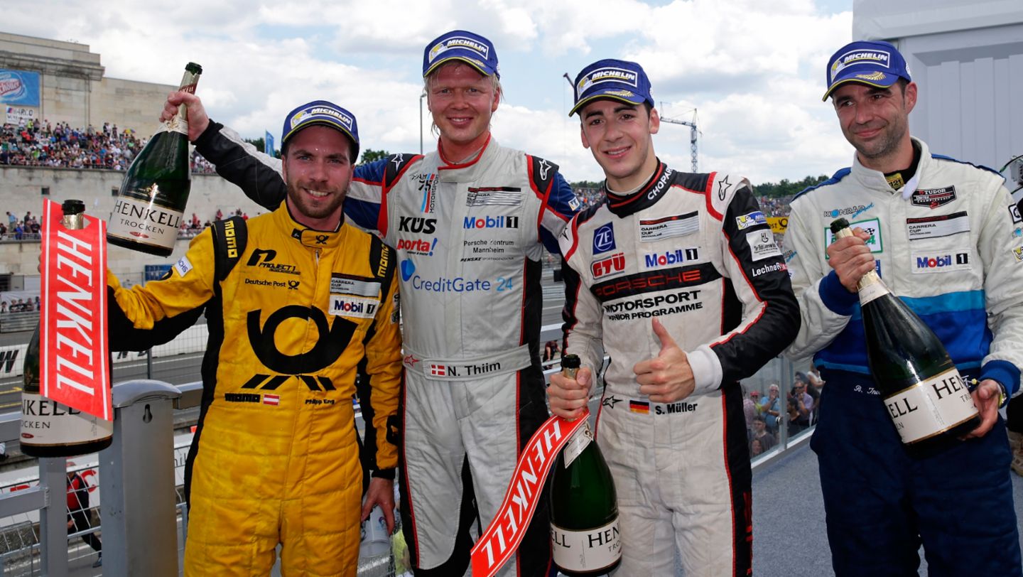 l.-r. Philipp Eng, Nicki Thiim, Sven Müller, Rolf Ineichen, Porsche Carrera Cup Deutschland, Norisring 2015, Porsche AG