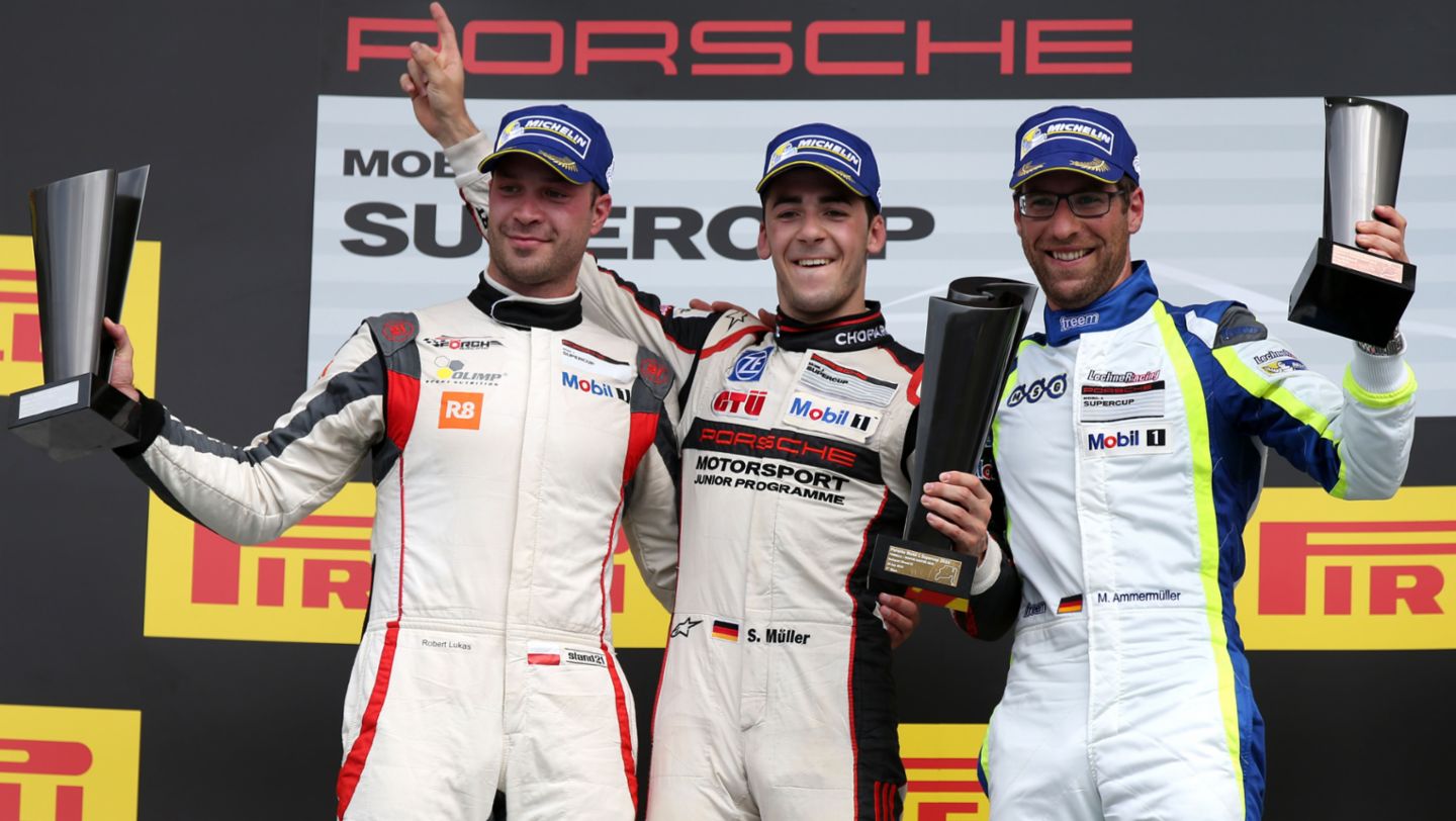 Robert Lukas, Sven Müller, Michael Ammermüller (l-r), Porsche Mobil 1 Supercup, Budapest, 2016, Porsche AG