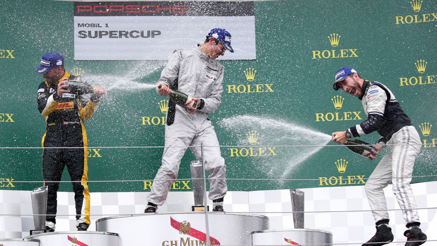 Philipp Eng, Christopher Zöchling, Alex Riberas (l-r), Porsche Mobil 1 Supercup, Spielberg 2015, Porsche AG