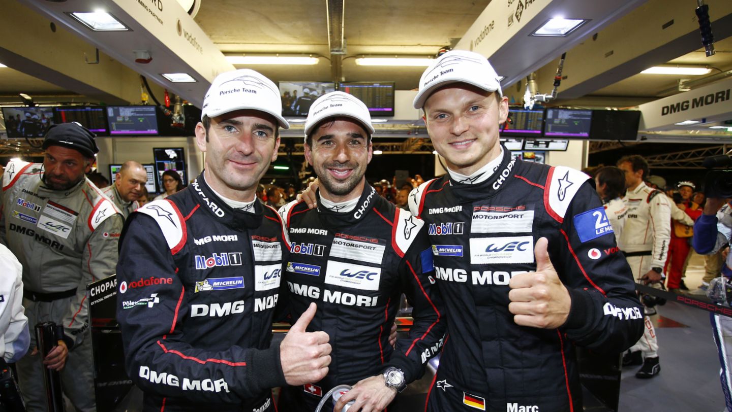 Romain Dumas, Neel Jani, Marc Lieb (l-r), Qualifying, Le Mans, 2015, Porsche AG