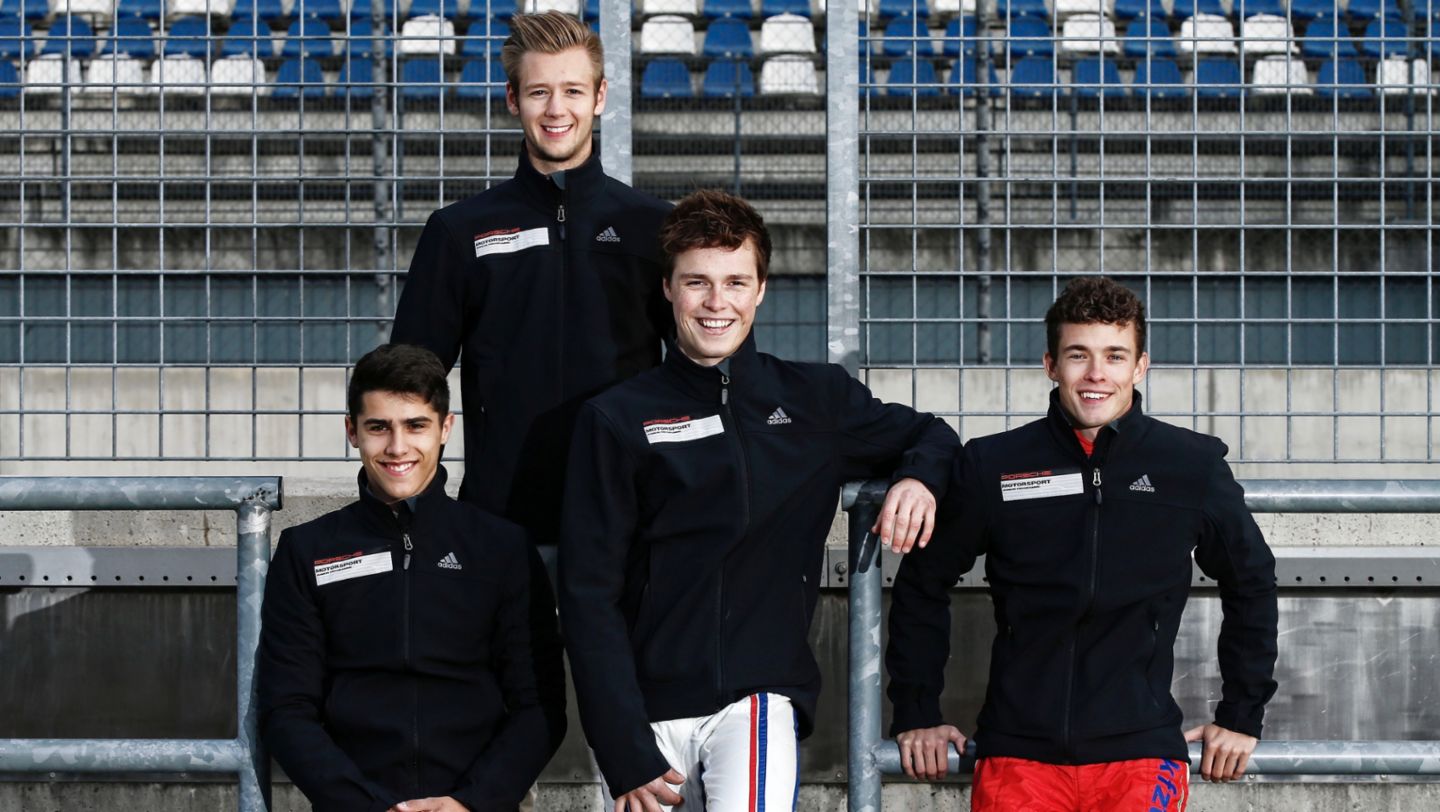 Thomas Preining, Dennis Marschall, Ralph Boschung, Mikkel Jensen, l-r, Porsche Motorsport Junior shootout, Lausitzring, 2016, Porsche AG