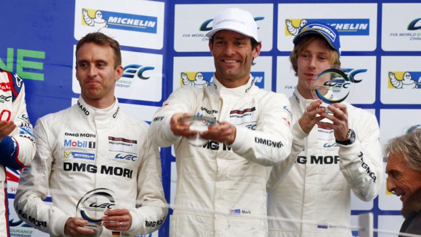 Timo Bernhard, Mark Webber, Brendon Hartley, l.-r., Works drivers, SPA, 2014, Porsche AG