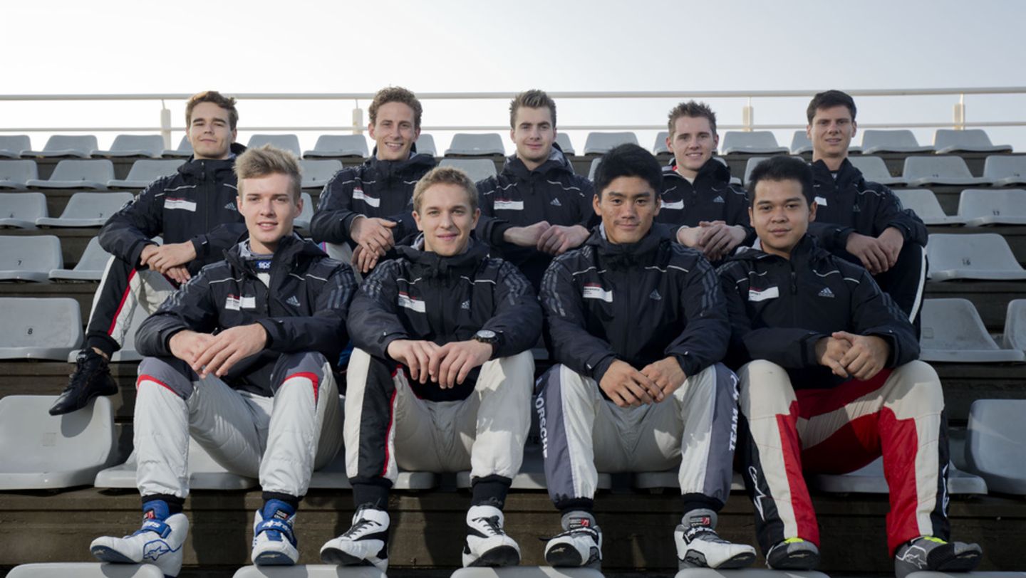 Tom Dillmann, Matteo Cairoli, Sam Power, Come Ledogar, Oscar Palm, Ryo Ogawa, Josh Webster, Alif Hamdan, Michael Lewis, Porsche Mobil 1 Supercup, Talent shootout, Valencia, 2014, Porsche AG