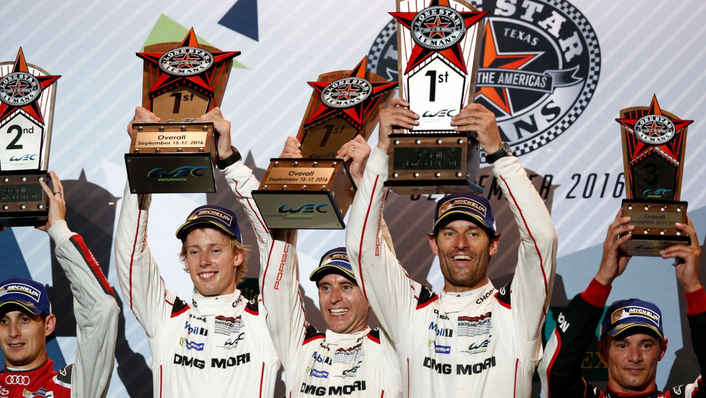 Brendon Hartley, Timo Bernhard, Mark Webber, l-r, WEC, Austin, 2016, Porsche AG