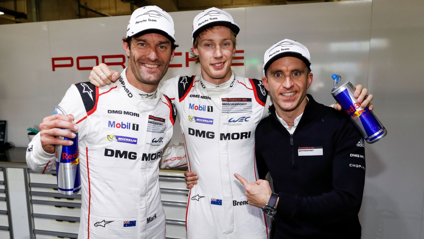 Porsche works driver, l-r: Mark Webber, Brendon Hartley, Timo Bernhard, WEC, Shanghai, 2016, Porsche AG