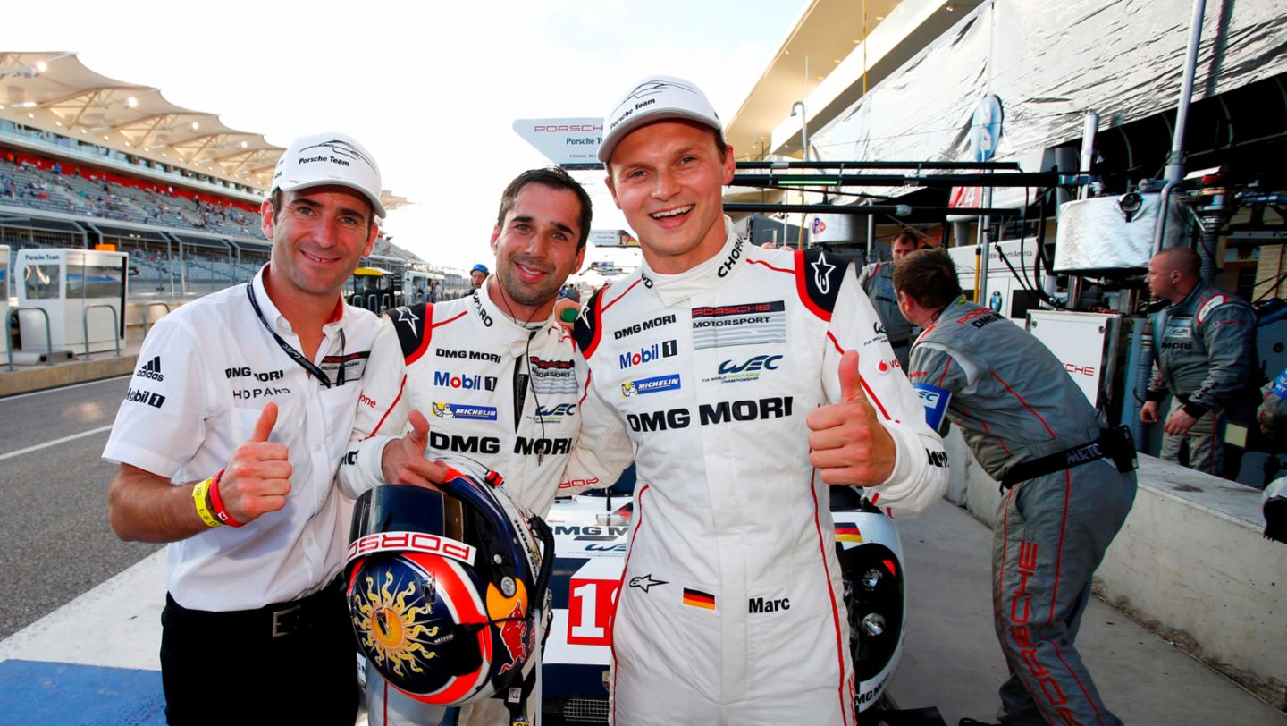 Romain Dumas, Neel Jani, Marc Lieb (l-r), FIA WEC Austin 2015, Porsche AG
