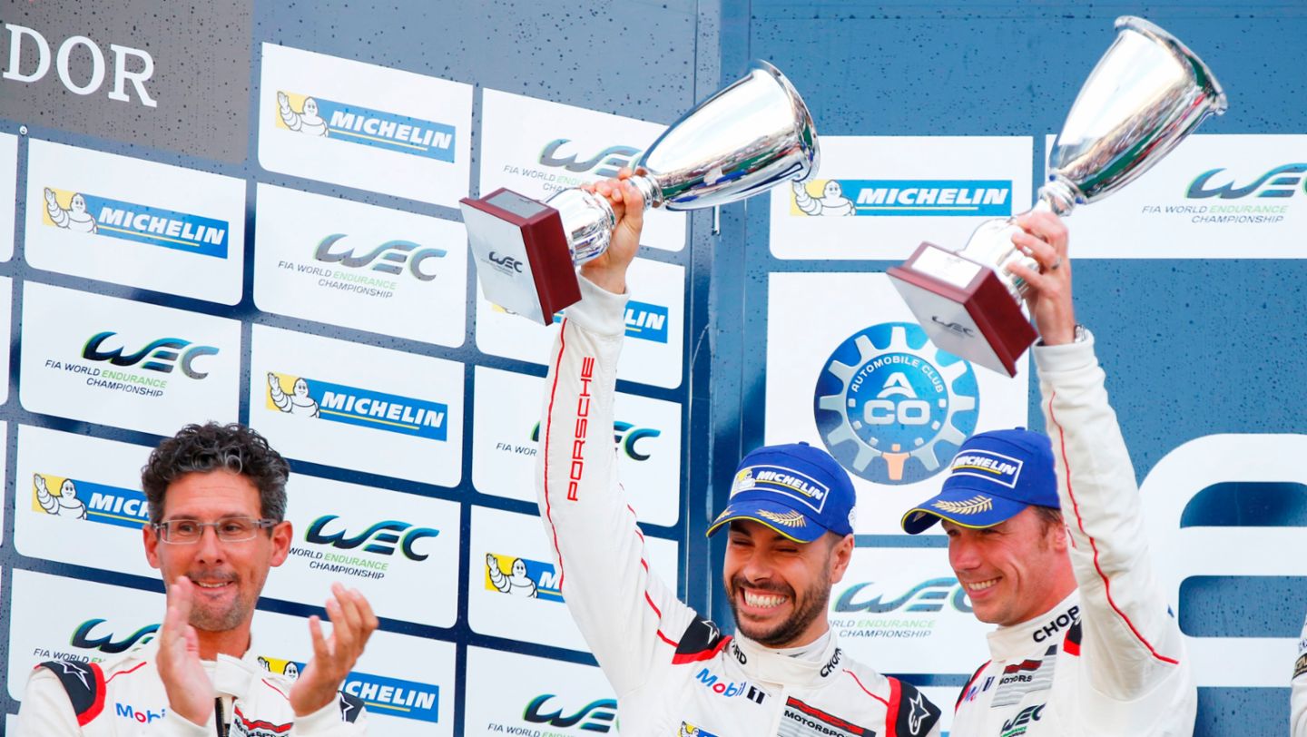 Dr. Frank-Steffen Walliser, Frederic Makowiecki, Patrick Pilet (l-r), WEC Nürburgring 2015, Porsche AG