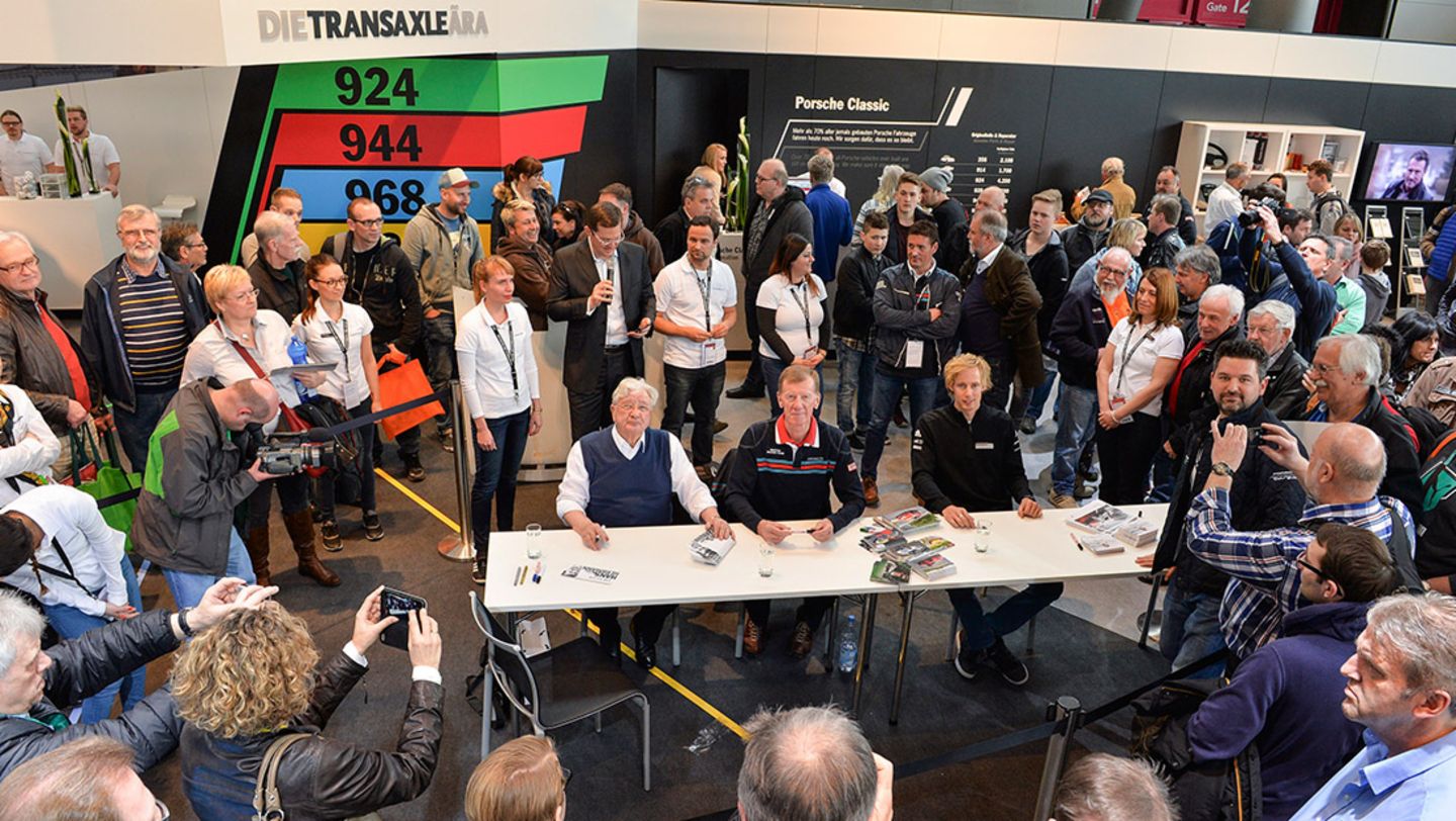 Hans Herrmann, former race car driver, Walter Röhrl, driver, Brendon Hartley, works driver, l-r, Retro Classics, Stuttgart, 2016, Porsche AG