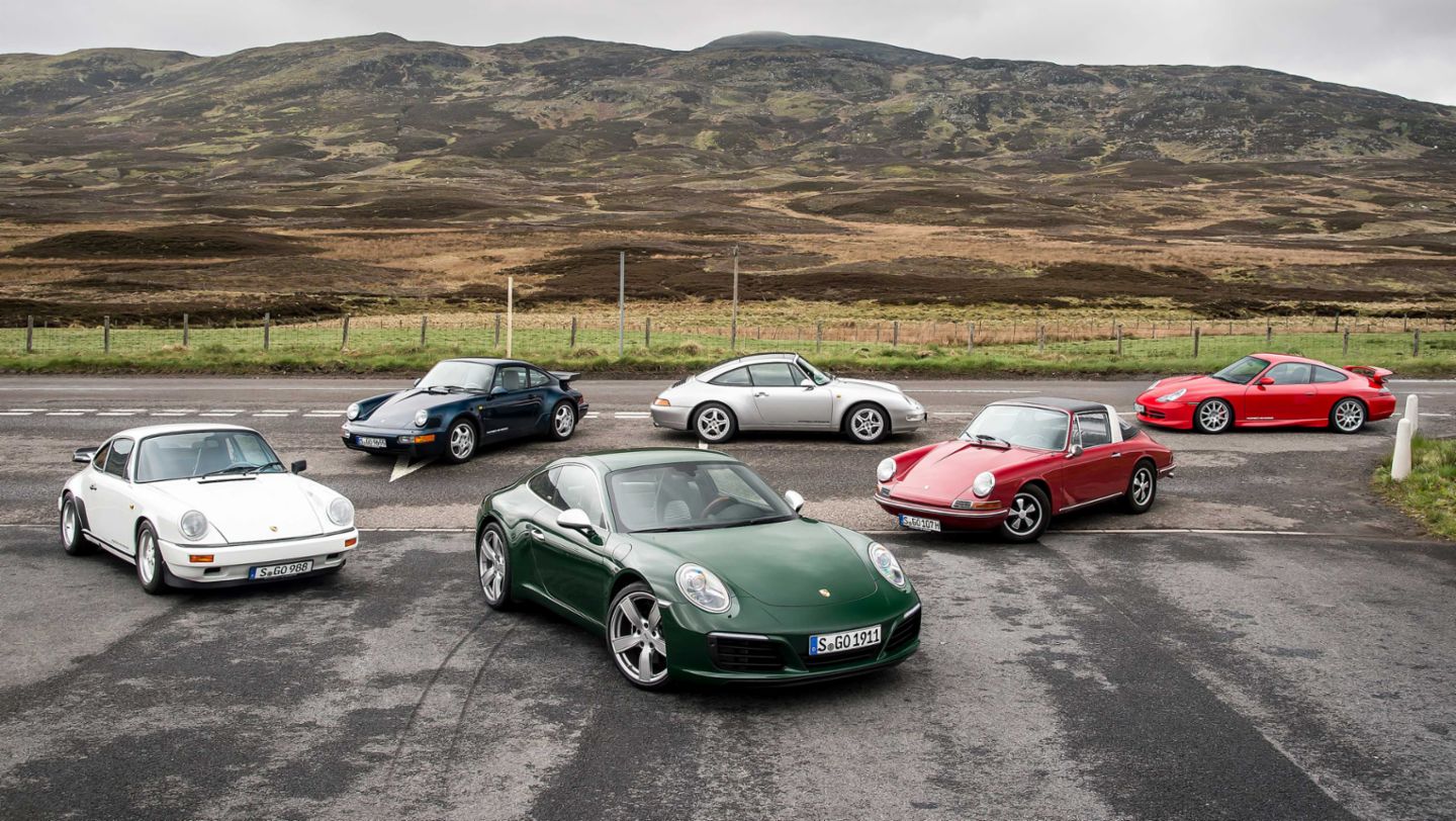 Carrera Clubsport, 964 Turbo, One-millionth 911, 993 Targa, 911 Targa 1967, 996 GT3, l-r, road trip, Scotland, 2017, Porsche AG