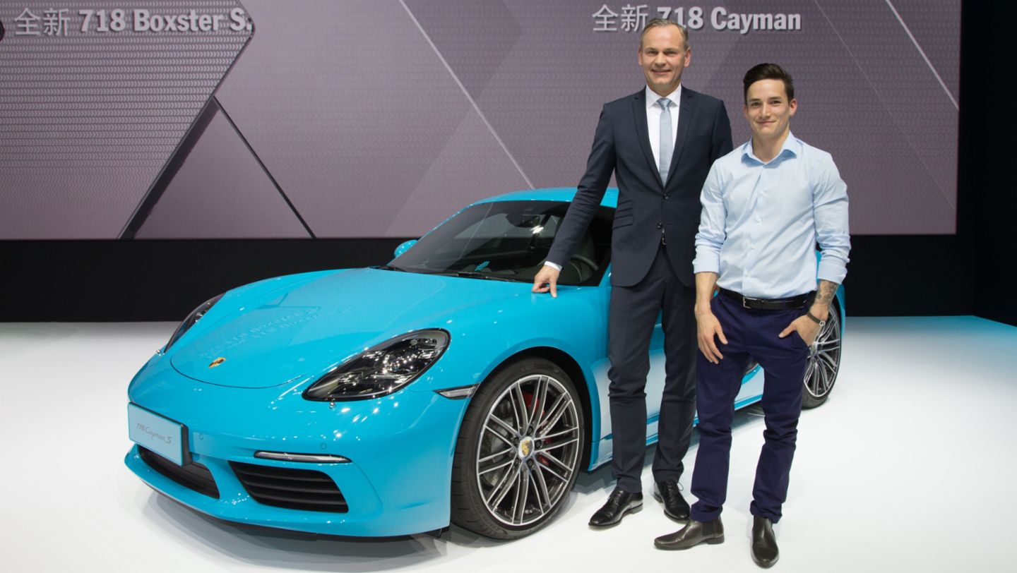 Oliver Blume, Chairman of the Executive Board Porsche AG and Marcel Nguyen (l-r), Porsche Brand Ambassador, 718 Cayman S, Auto China, 14th Beijing International Automobile Exhibition, 2016, Porsche AG
