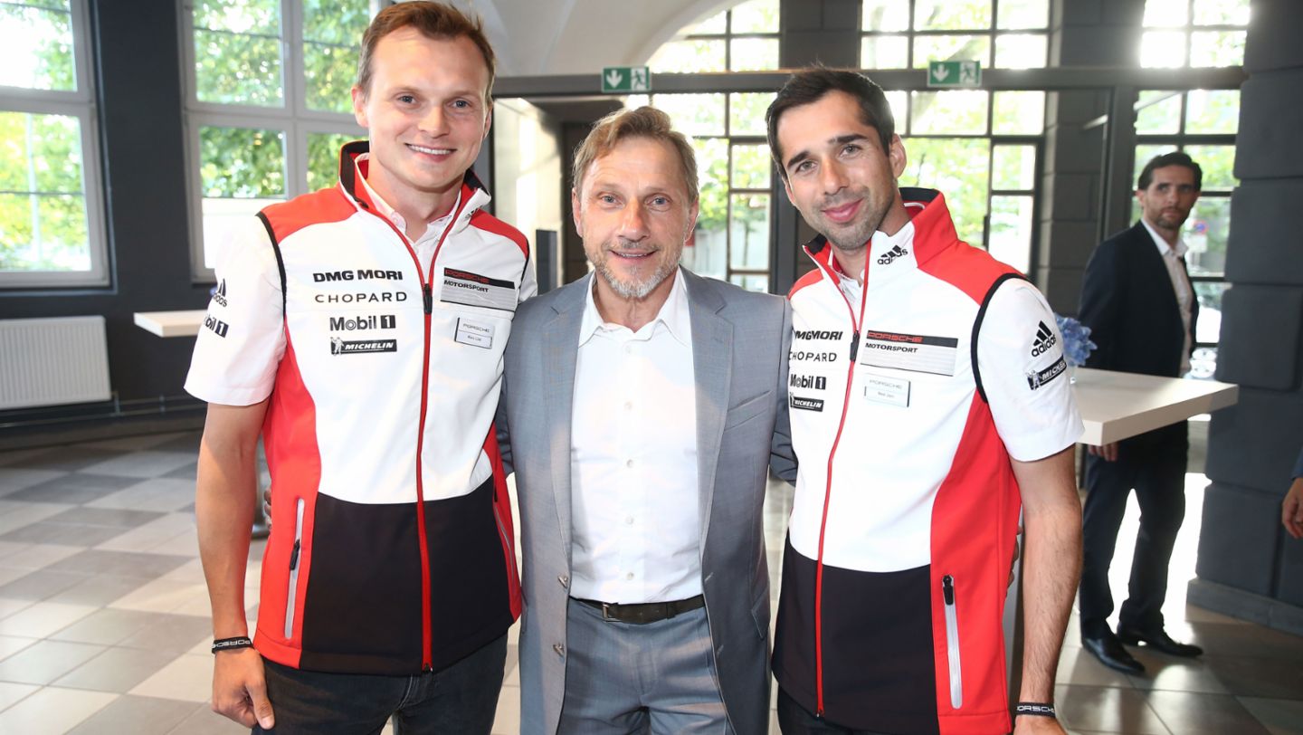 Le Mans-Sieger 2016 Neel Jani (l) und Marc Lieb (r), Richy Müller, Weltpremiere Panamera, Berlin, 2016, Porsche AG